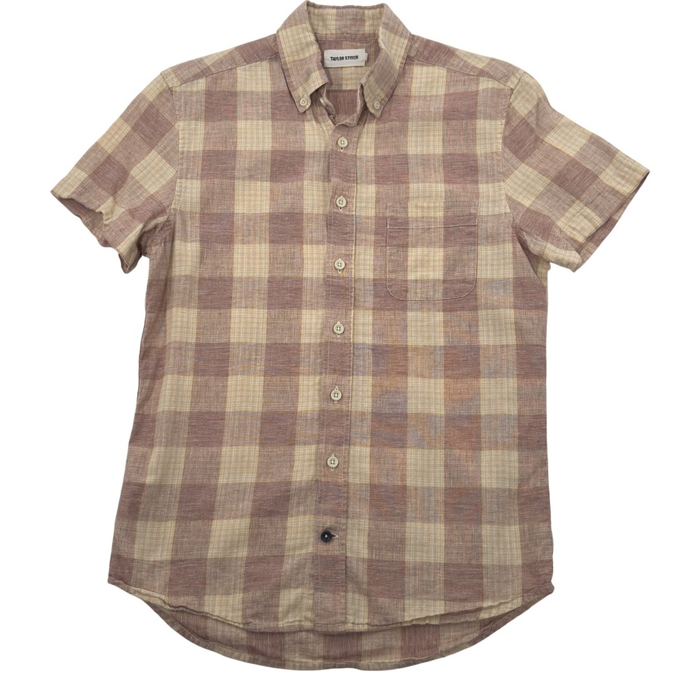 Taylor Stitch Mens Short Sleeve Jack Button Down Sz 36 Red Cream Check Plaid ORG